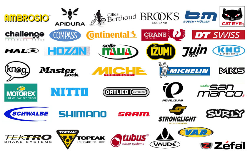 Ambrosio, Apidura, Berthoud, Brooks, Busch & Muller, Cateye, Challenge, Compass, Continental, Crane, DT Swiss, Halo, Hozan, Izumi, Juin Tech,KMC, Knog, Masterlock, Miche, Michelin, MKS, Motorex, Nitto, Ortlieb, Pearl Izumi, San Marco, Schwalbe, Selle Italia, Shimano, SRAM, Stronglight, Surly, Tektro, Topeak, Tubus, VAR, Vaude, Zéfal